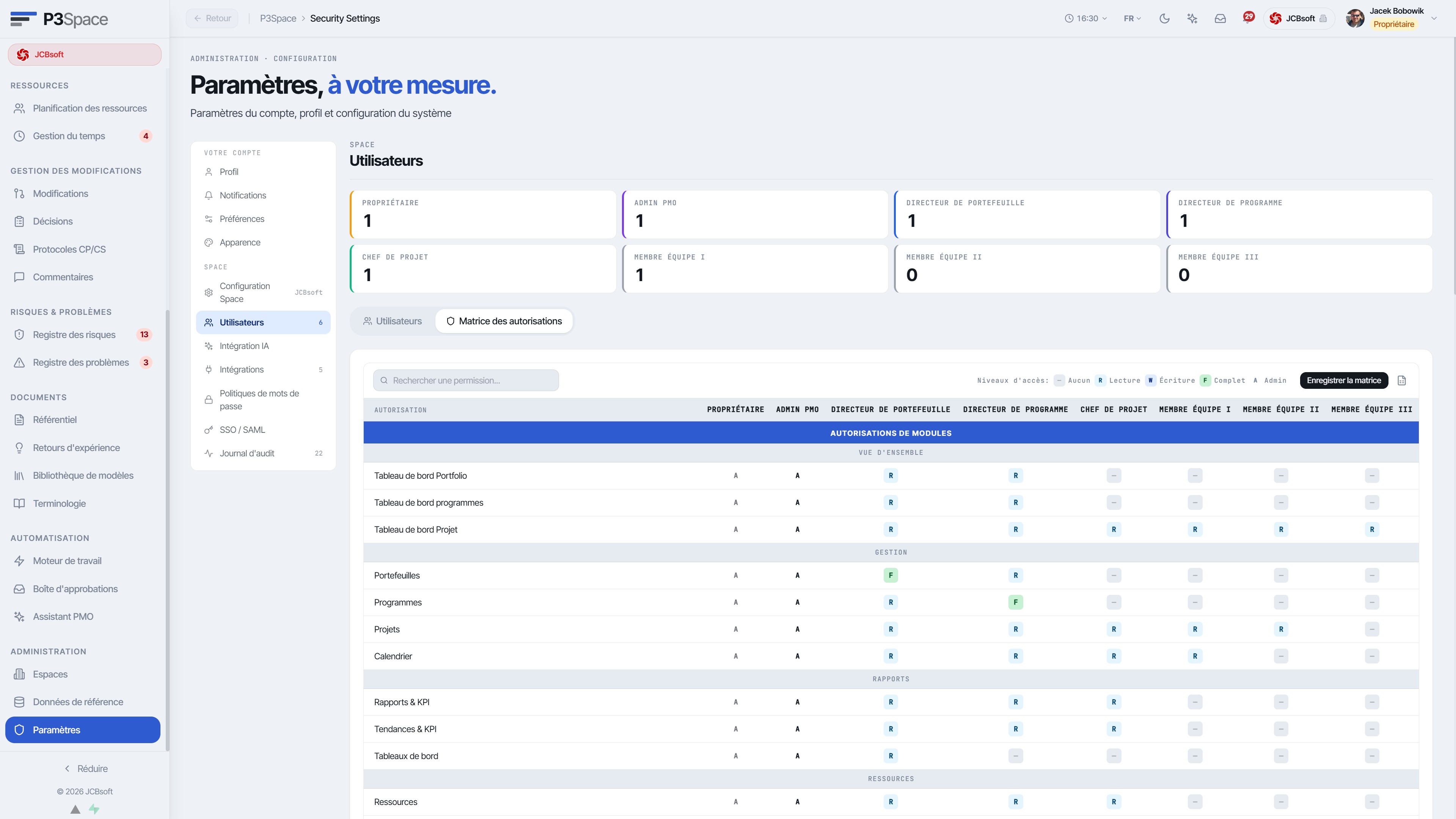 Matrice de permissions RBAC – rôles × modules