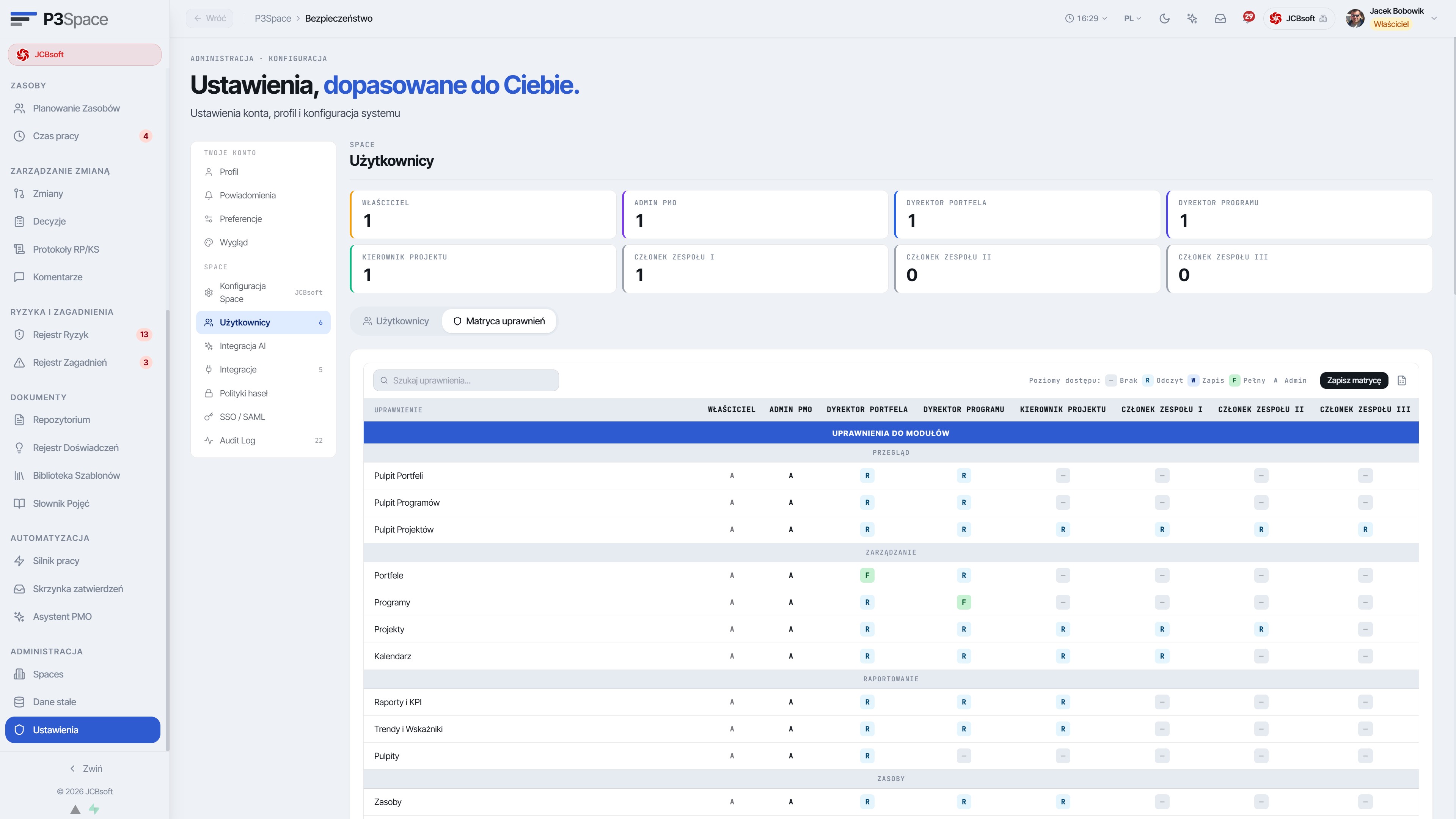 Macierz uprawnień RBAC – role × moduły P3Space