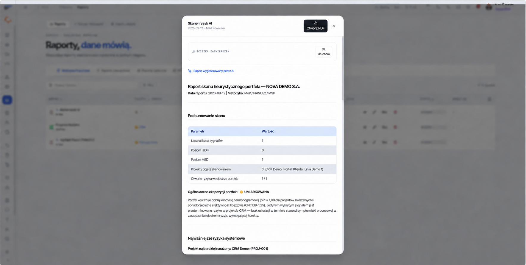 Skaner ryzyk AI – sygnały z danych portfela gotowe do decyzji.