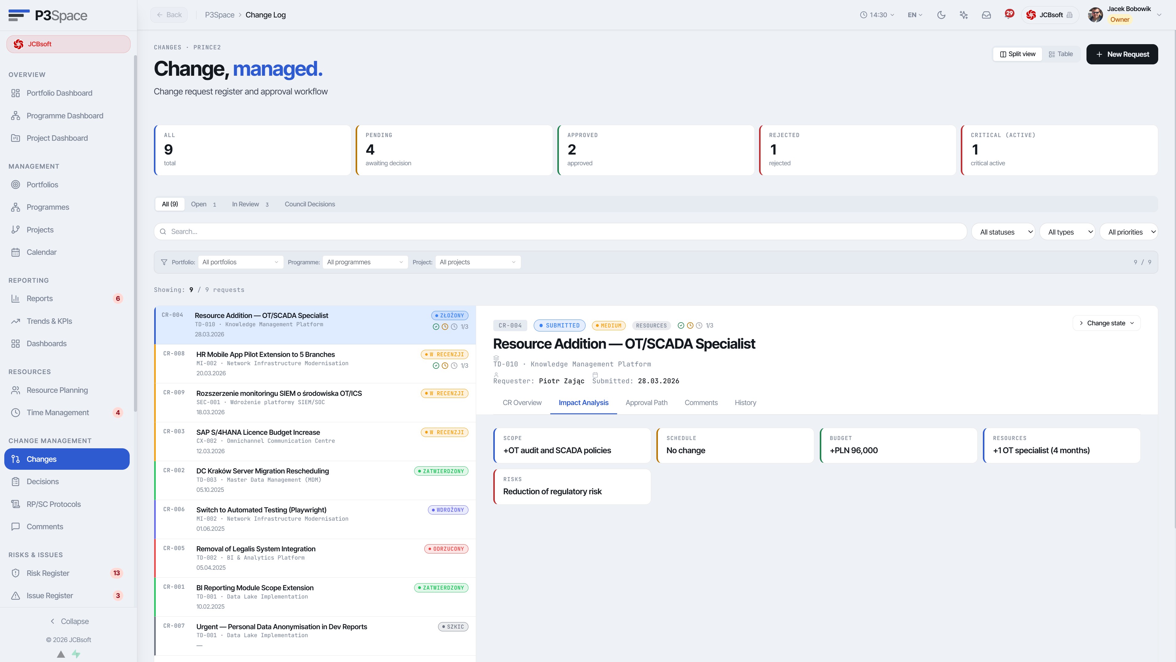 Change Management – CR register with detail view