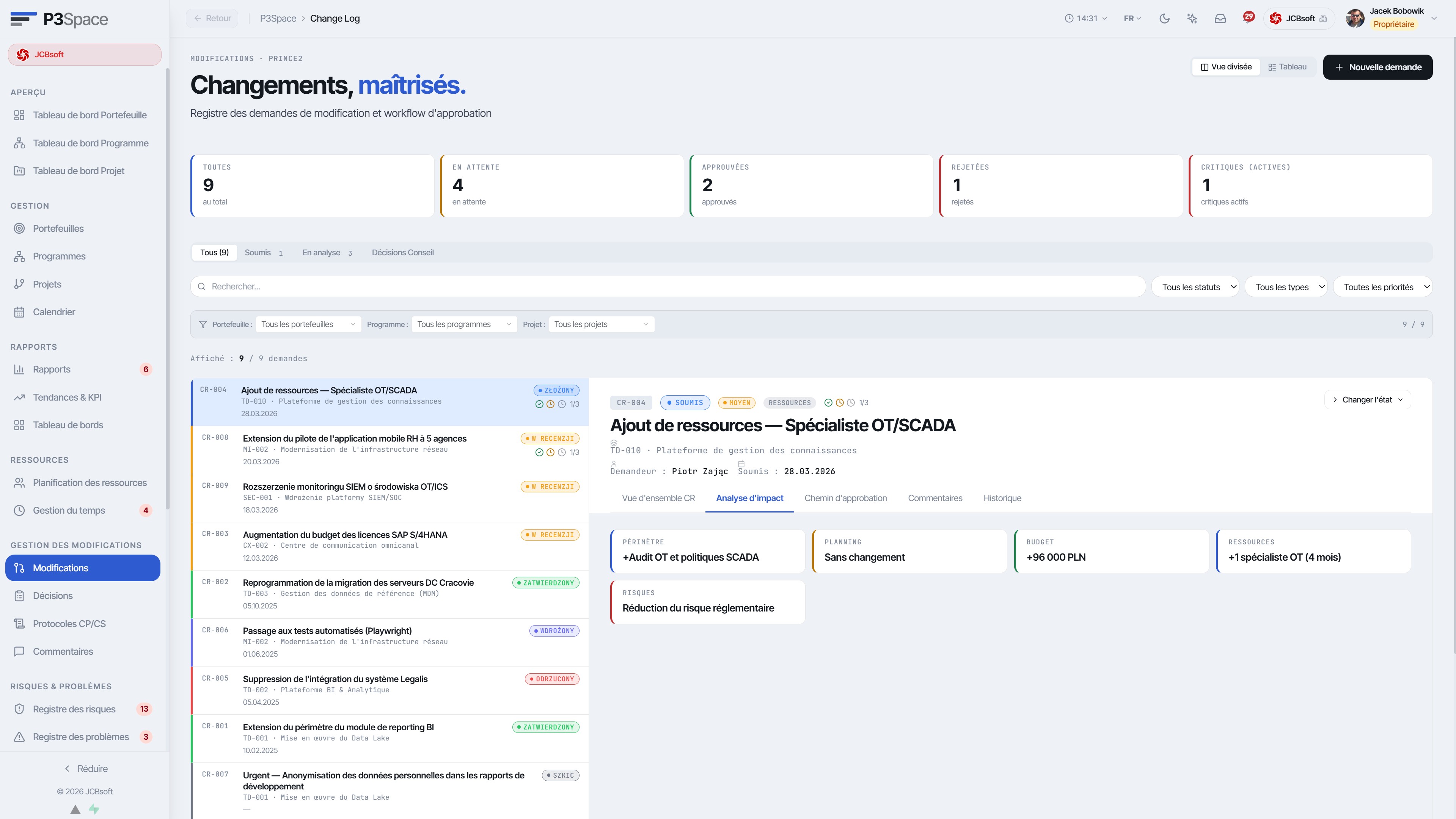 Gestion des changements – registre des CR avec vue détaillée