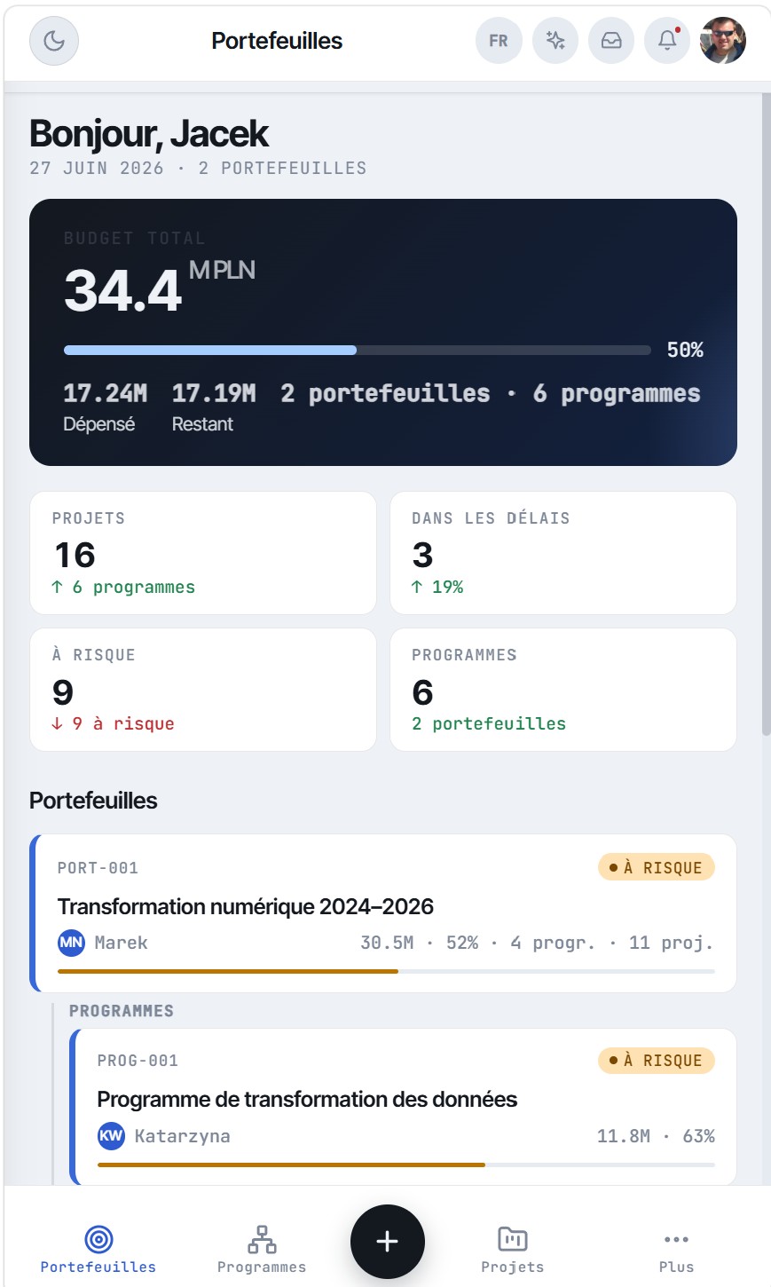 P3Space – tableau de bord mobile