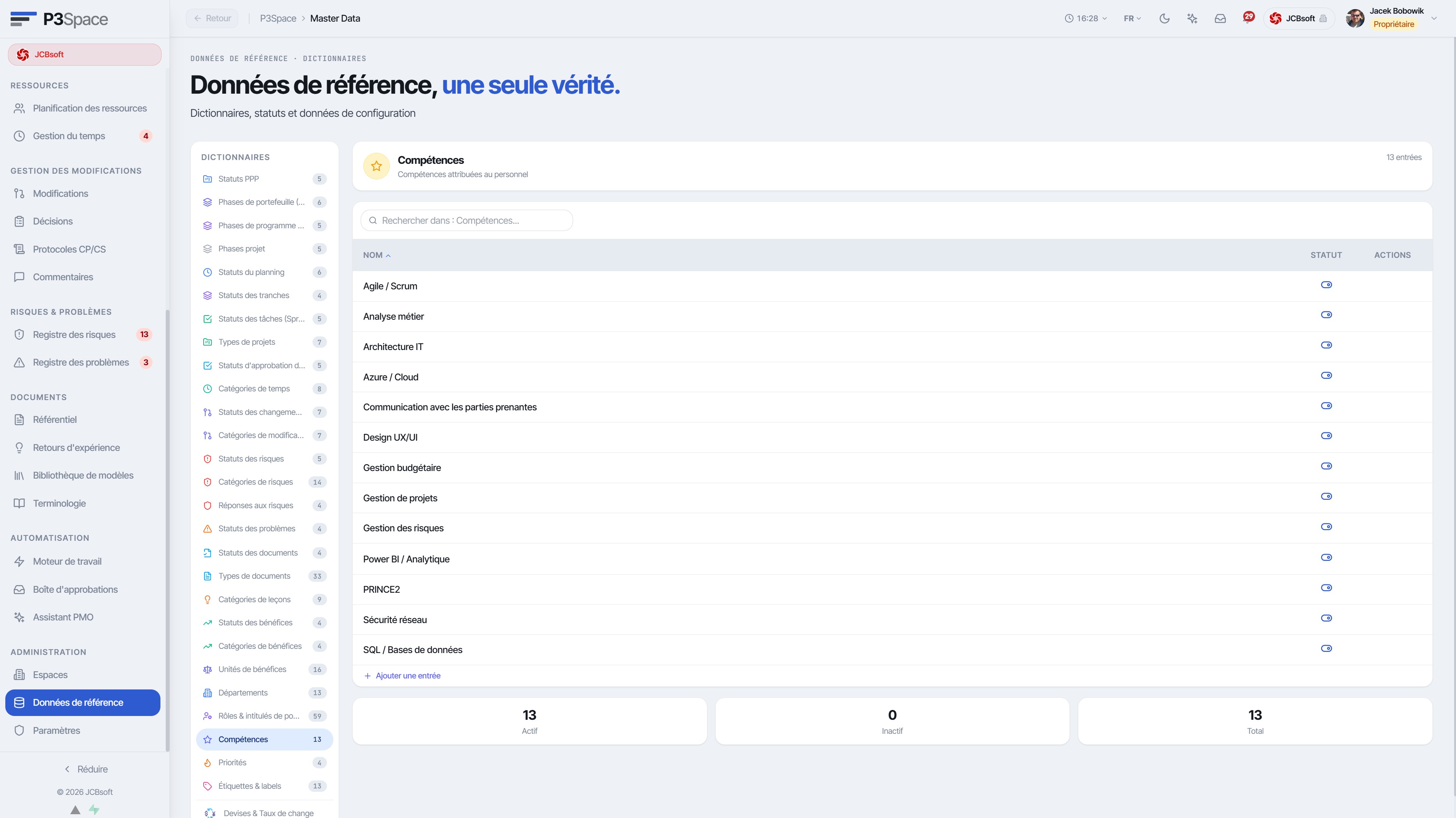 Panneau Master Data – dictionnaires système et modèles de projet