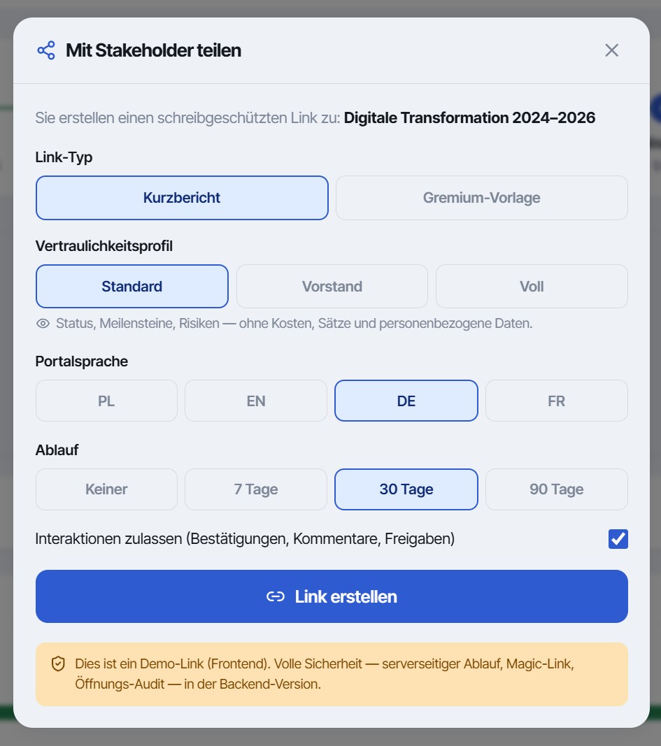 Freigabe-Modal – Erstellung eines schreibgeschützten Links für Stakeholder