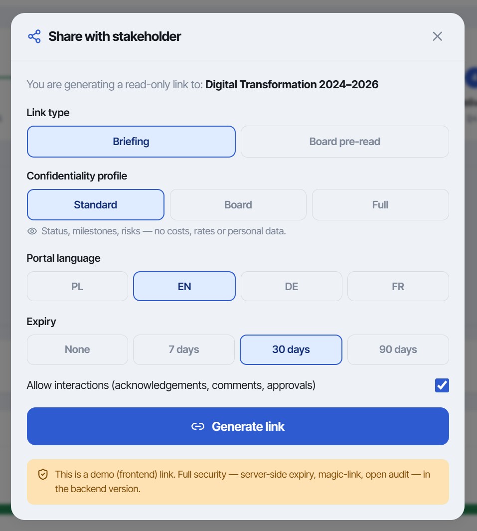 Share modal – generating a read-only link for a stakeholder