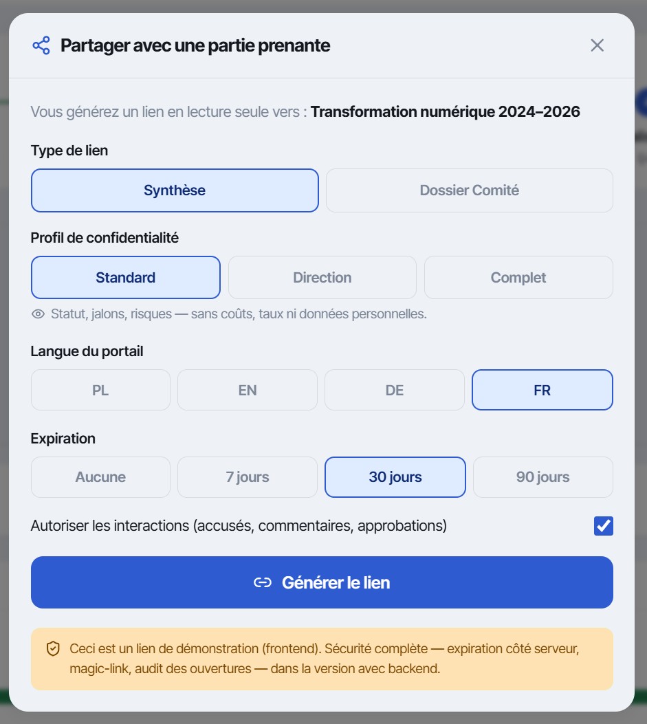 Modale de partage – génération d’un lien en lecture seule pour une partie prenante