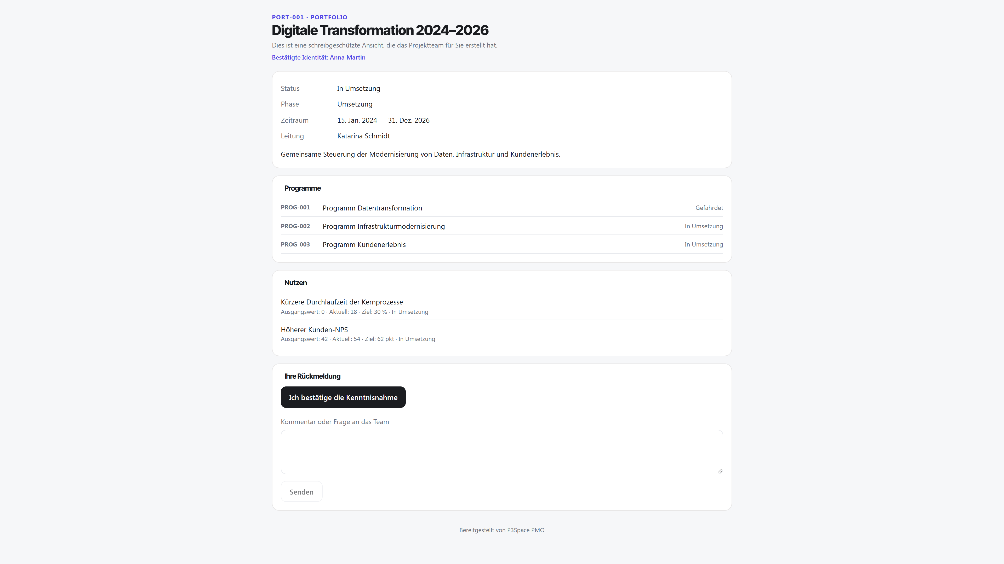 Stakeholder-Portal – benannter Zugang ohne P3Space-Konto.