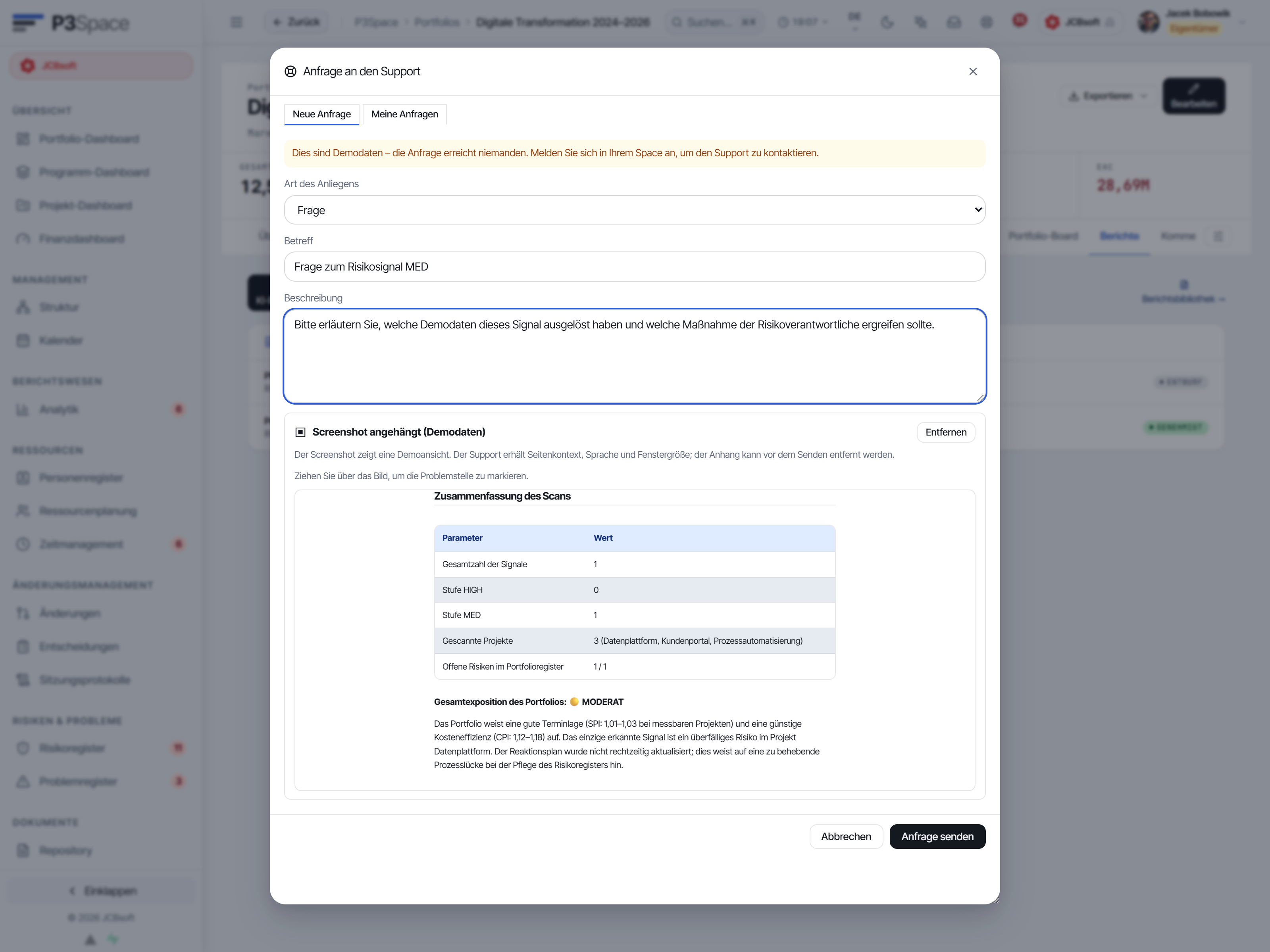 Service-Support mit bereits angehängtem Bildschirmkontext.