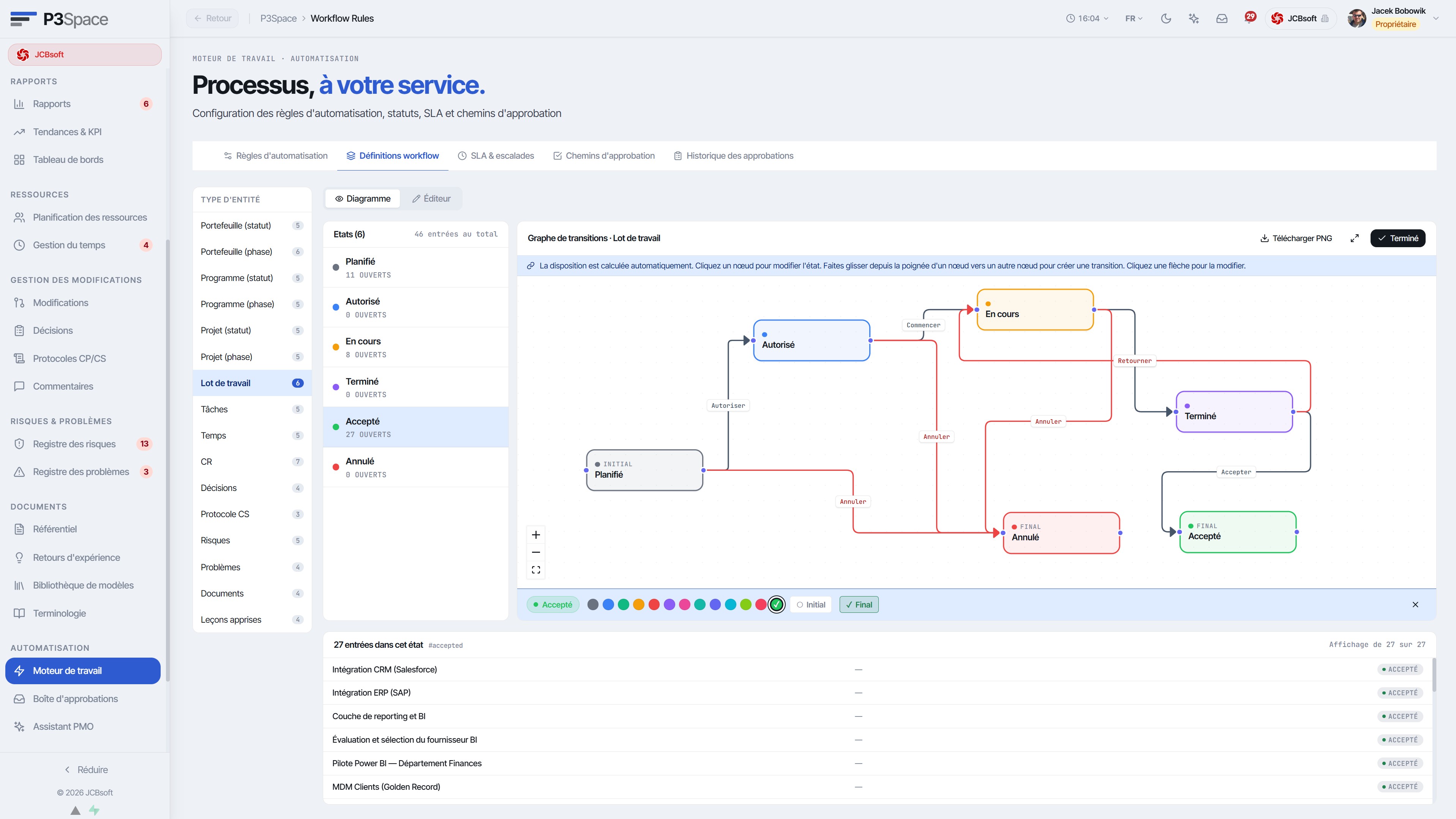 Moteur de travail – configuration des statuts et workflow